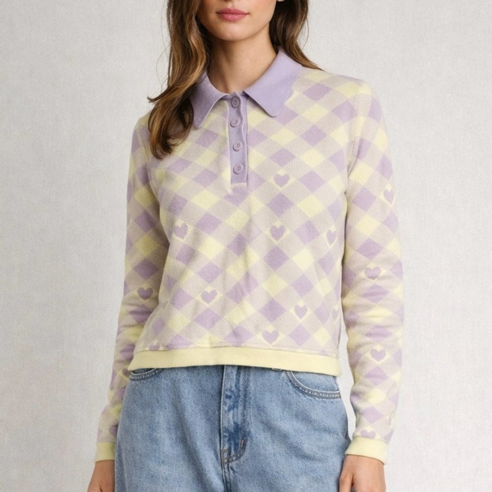 ASOS purple and yellow argyle long-sleeve polo shirt/sweater with heart detail